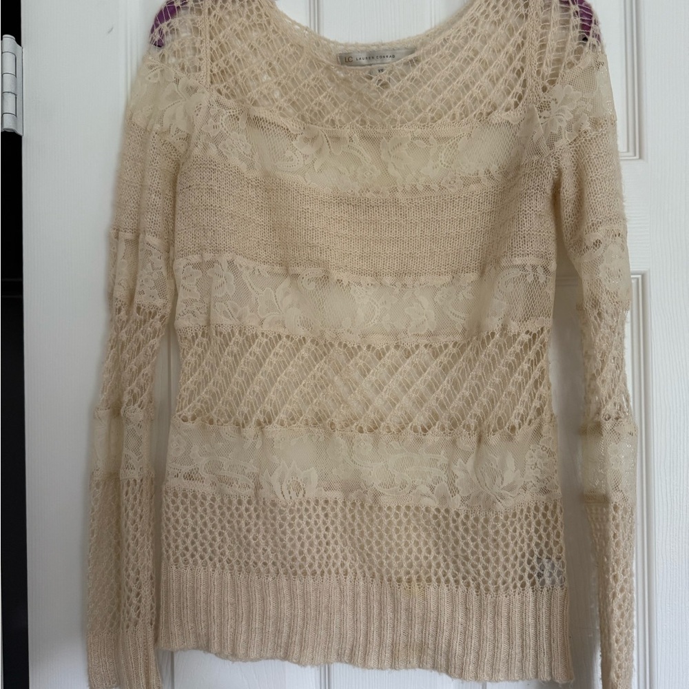 LC Lauren Conrad Cream Crew Neck Sweater with Intricate Knit Patterns